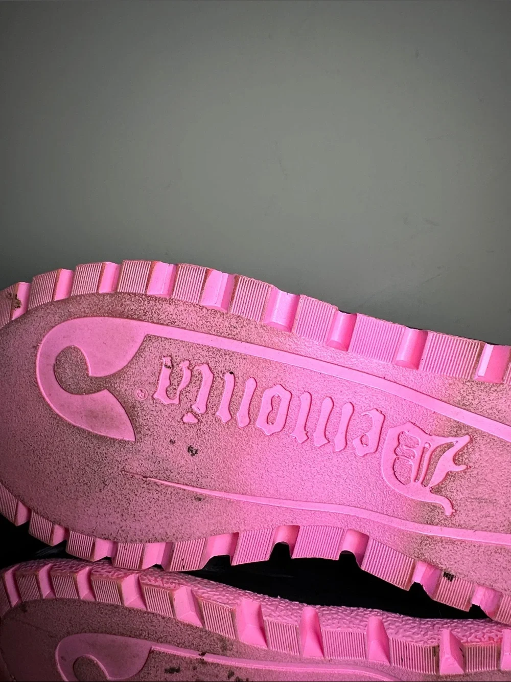 Demonia Slacker-52 Black Patent Platform Boot with Hot Pink Accents